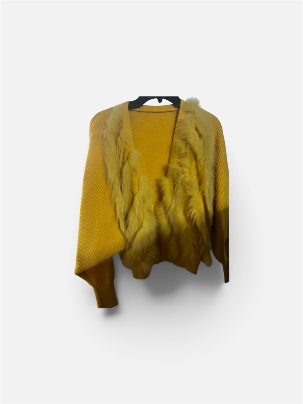 Rabbit Fur Trim Mustard Women's Sweater Cardigan